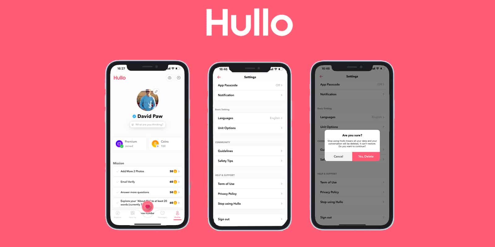 Account deletion function on hullo app