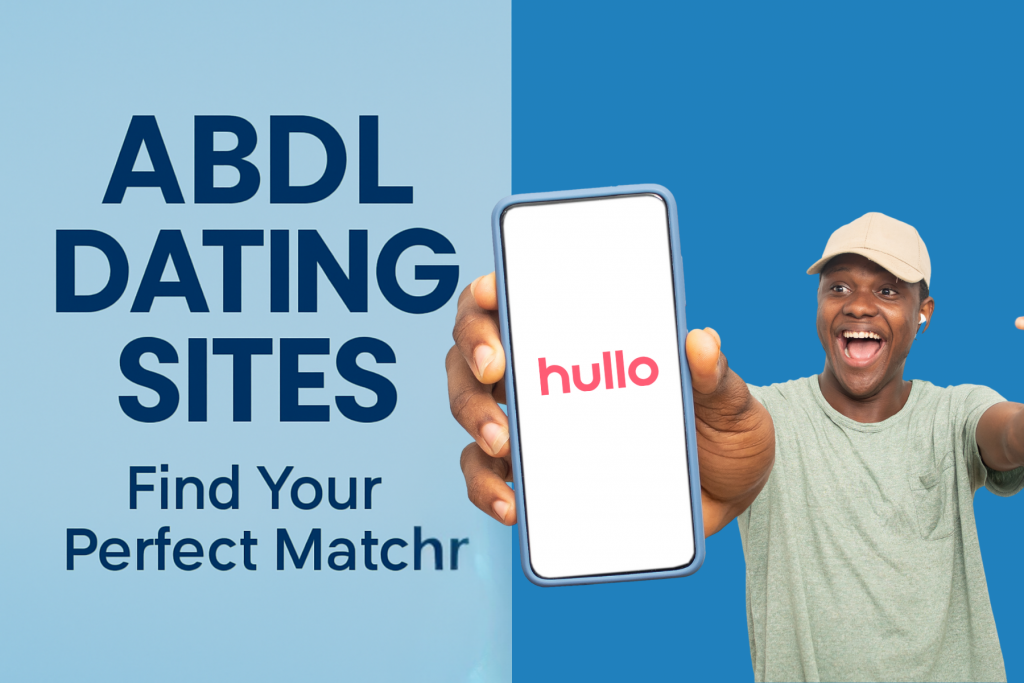 A split-screen advertisement showing on the left side, dark blue text promoting ABDL dating sites with the phrase 'Find Your Perfect Match,' while on the right, a young man uses the Hullo dating app on a smartphone. The ad highlights Hullo's features like AI-powered matching, instant chatting, and its free-to-use model, set against a contrasting blue background