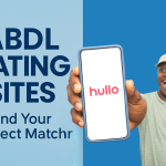 A split-screen advertisement showing on the left side, dark blue text promoting ABDL dating sites with the phrase 'Find Your Perfect Match,' while on the right, a young man uses the Hullo dating app on a smartphone. The ad highlights Hullo's features like AI-powered matching, instant chatting, and its free-to-use model, set against a contrasting blue background