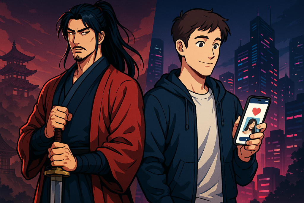 A digital artwork showing two characters in a blend of anime and semi-realistic style. On the left, a stoic male warrior in red and blue traditional attire holds a sword in a powerful stance against a backdrop of ancient buildings. On the right, a young man in a hoodie holds a smartphone showing a dating app profile with a heart symbol, set against a vibrant, modern city skyline