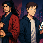 A digital artwork showing two characters in a blend of anime and semi-realistic style. On the left, a stoic male warrior in red and blue traditional attire holds a sword in a powerful stance against a backdrop of ancient buildings. On the right, a young man in a hoodie holds a smartphone showing a dating app profile with a heart symbol, set against a vibrant, modern city skyline